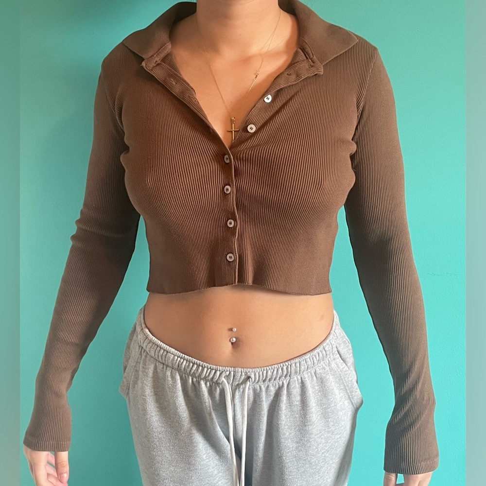 Brown Button-Up Long Sleeve Polo